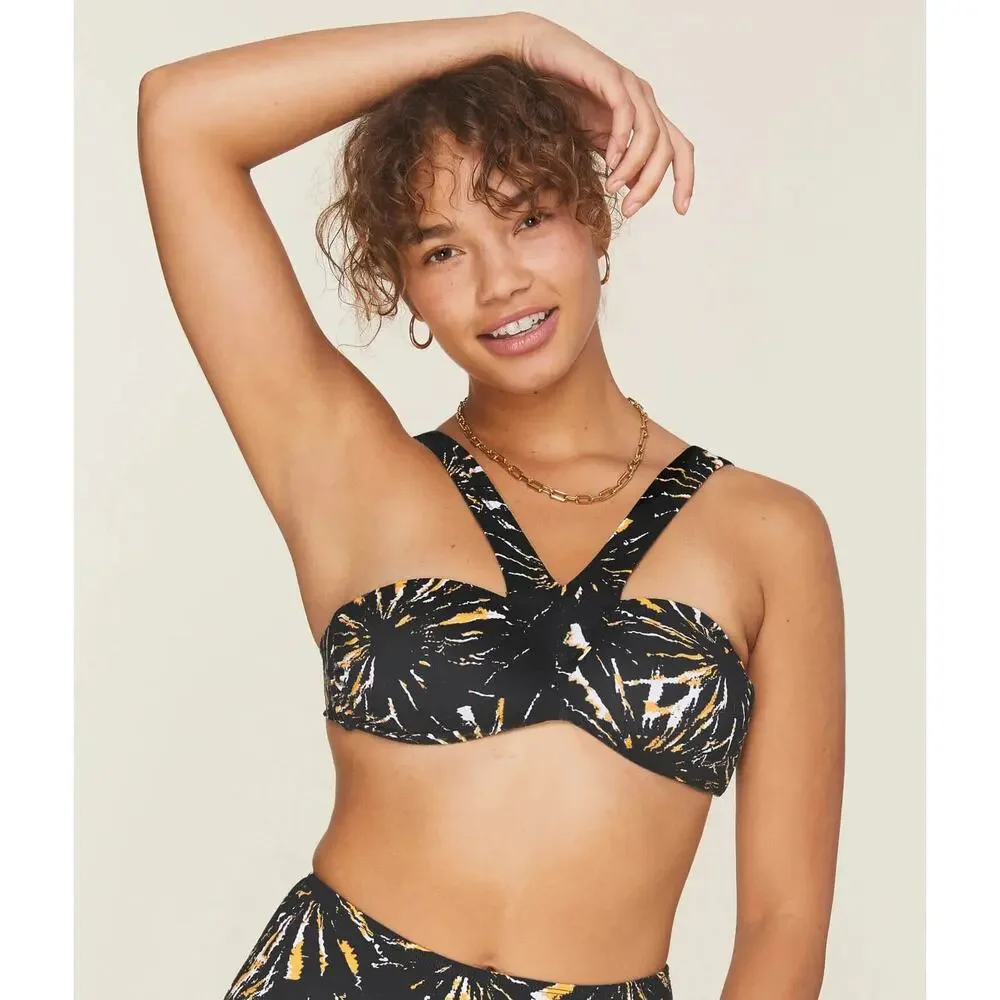 Andie Swim x Demi Moore The Monaco Black Orange Firework Halter Bikini Top NWT